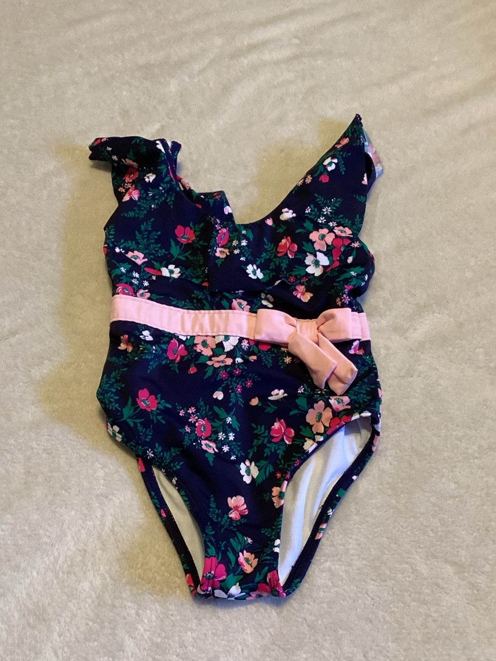 Janie and Jack Navy Floral One-Piece with Pink Bow Belt